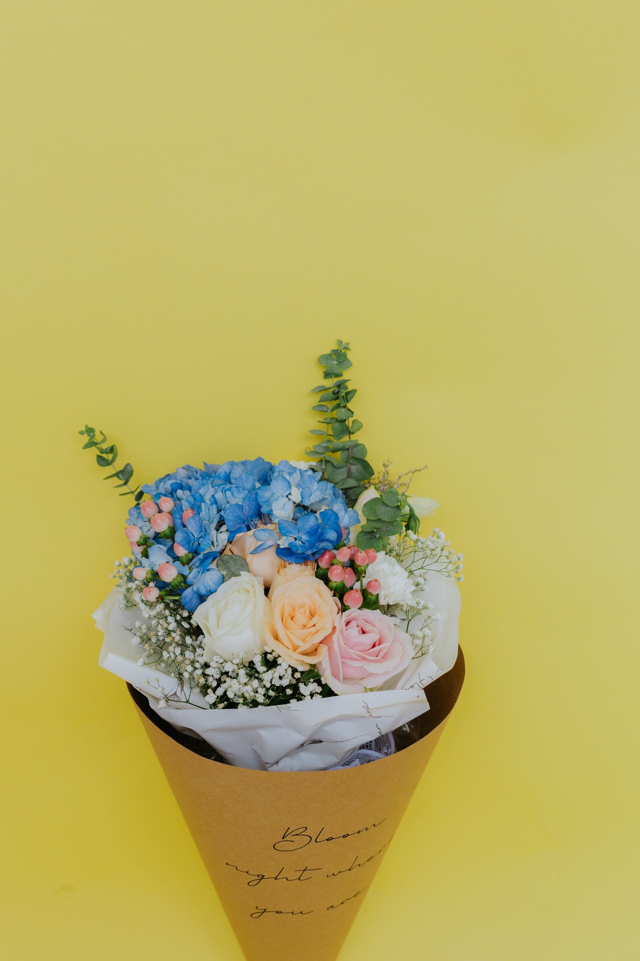 Whispers of Bliss: Blue Hydrangeas and Rosy Tones