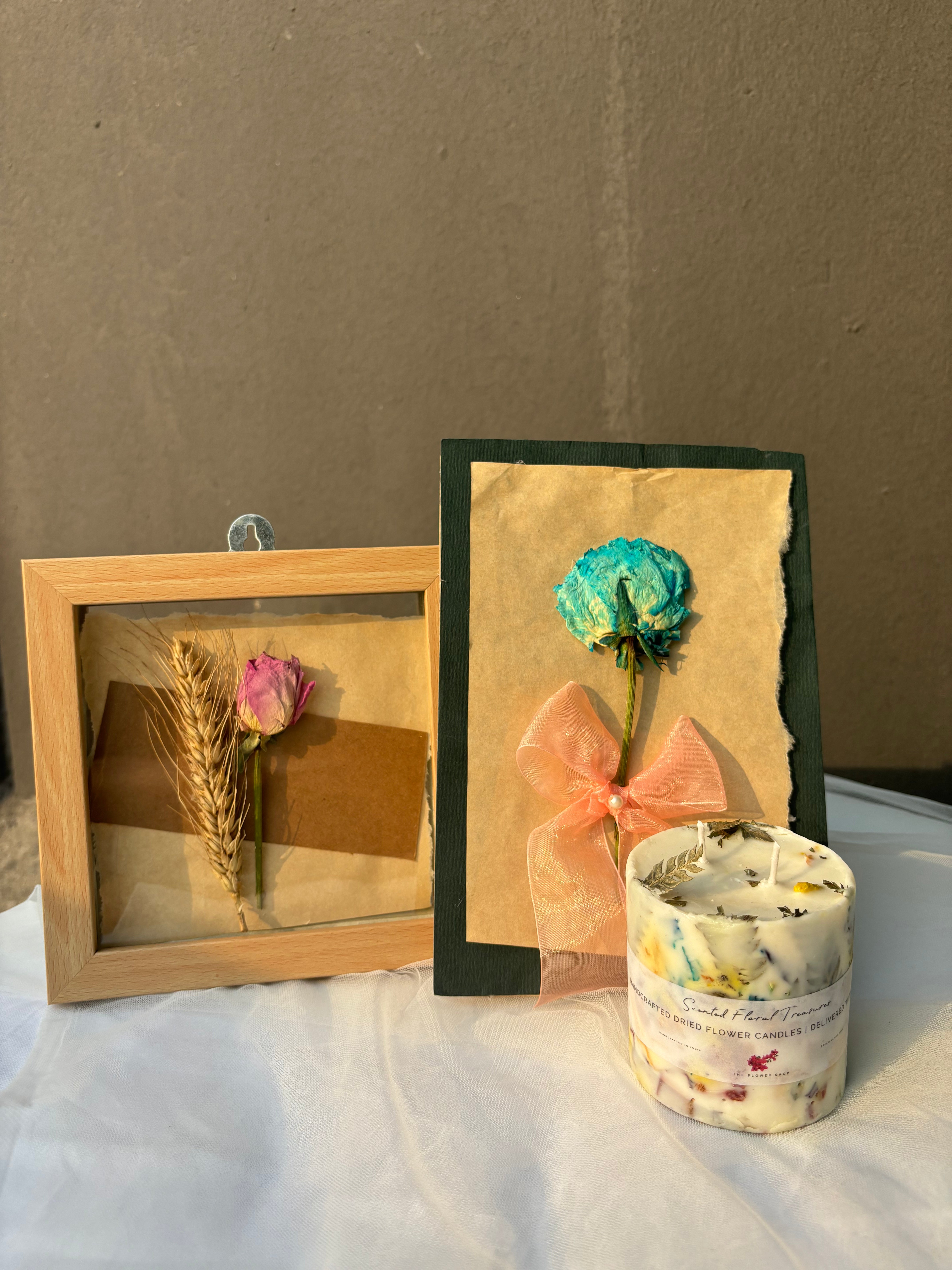 Floral Essence Trio: Pressed Flower Scented Candle, Postcard, & Frame Combo