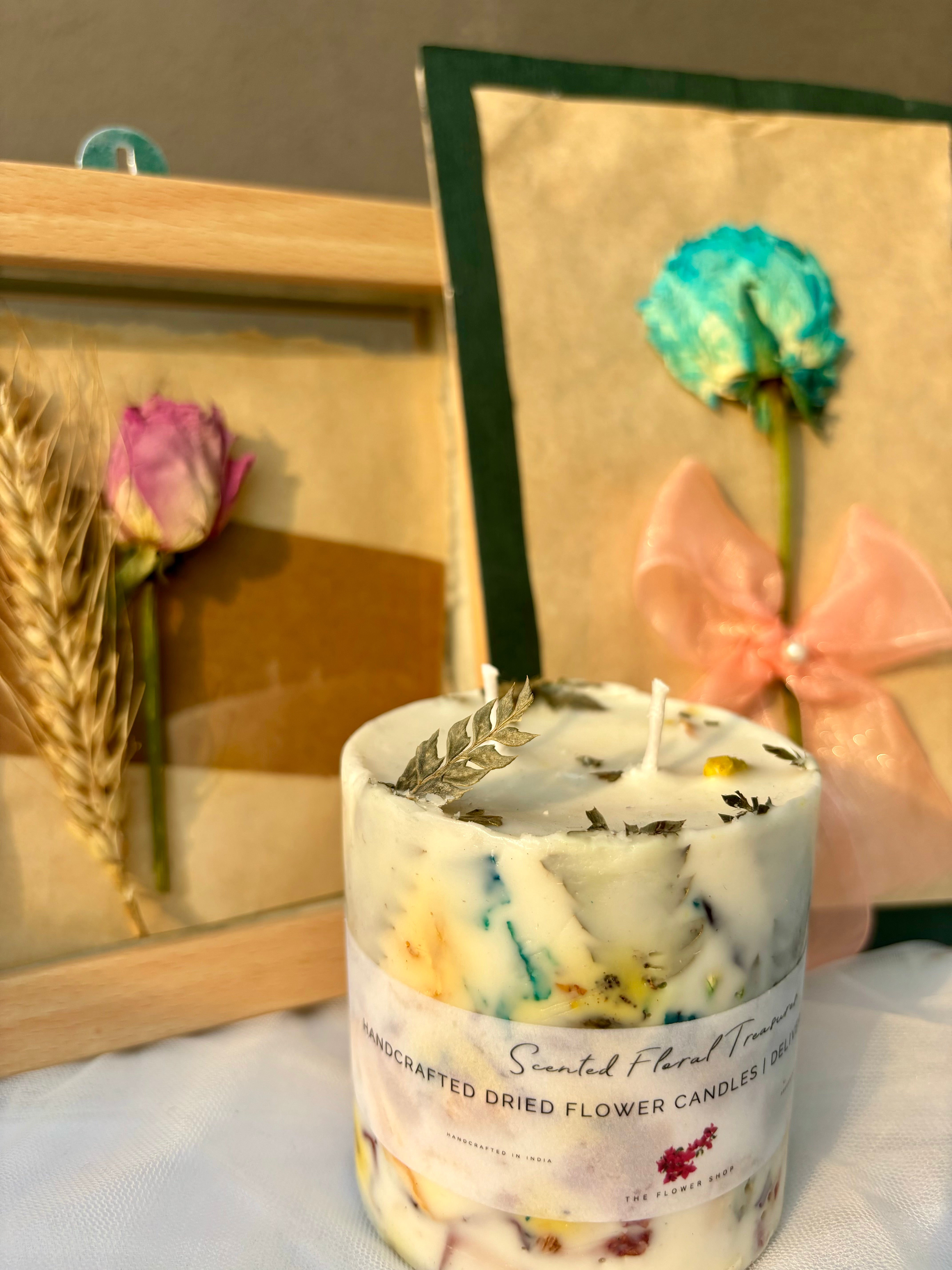 Floral Essence Trio: Pressed Flower Scented Candle, Postcard, & Frame Combo