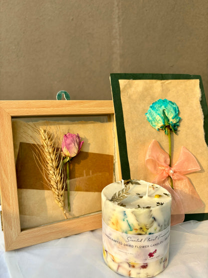 Floral Essence Trio: Dried Flower Scented Candle, Postcard, & Frame Combo