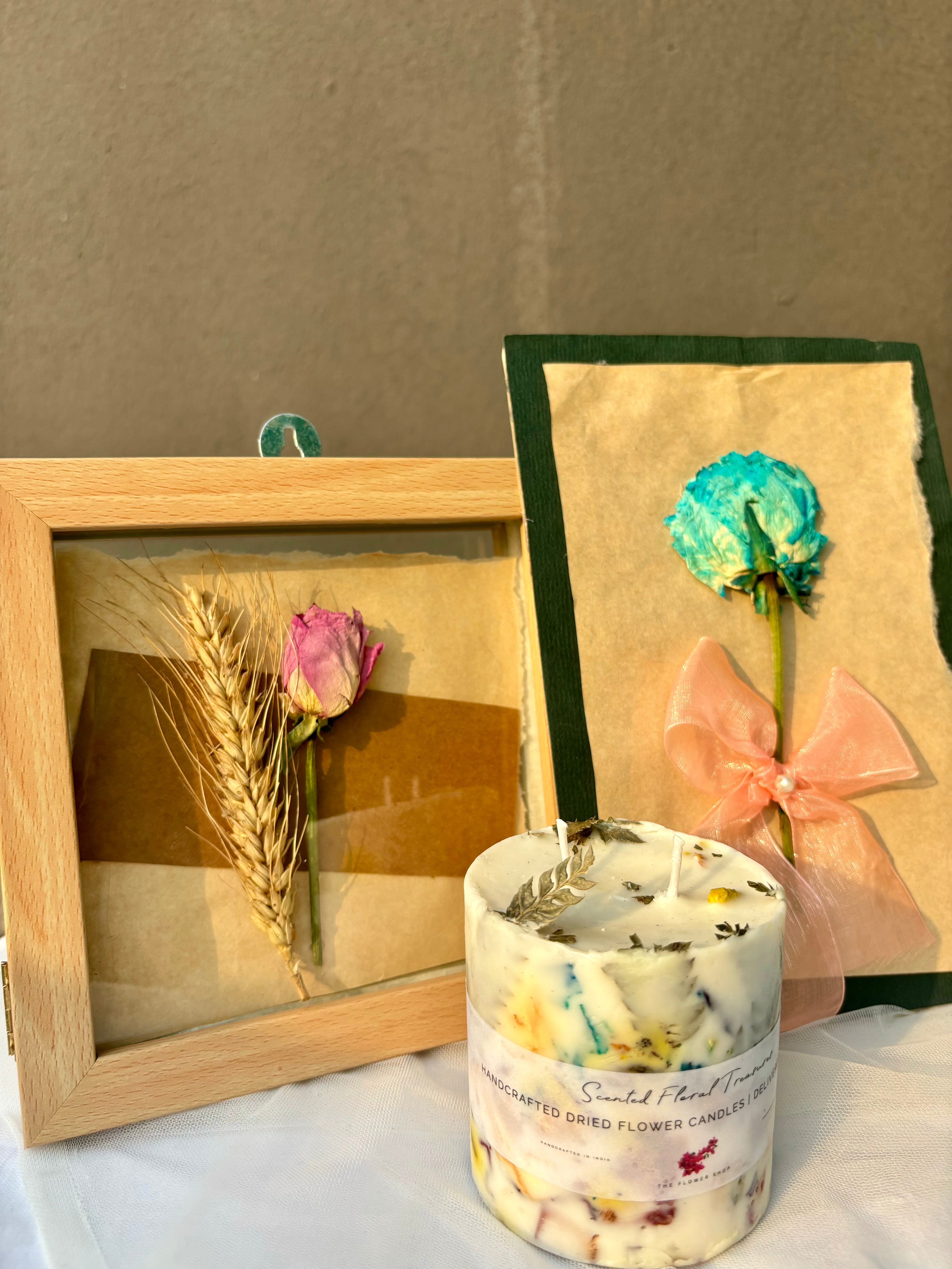 Floral Essence Trio: Pressed Flower Scented Candle, Postcard, & Frame Combo