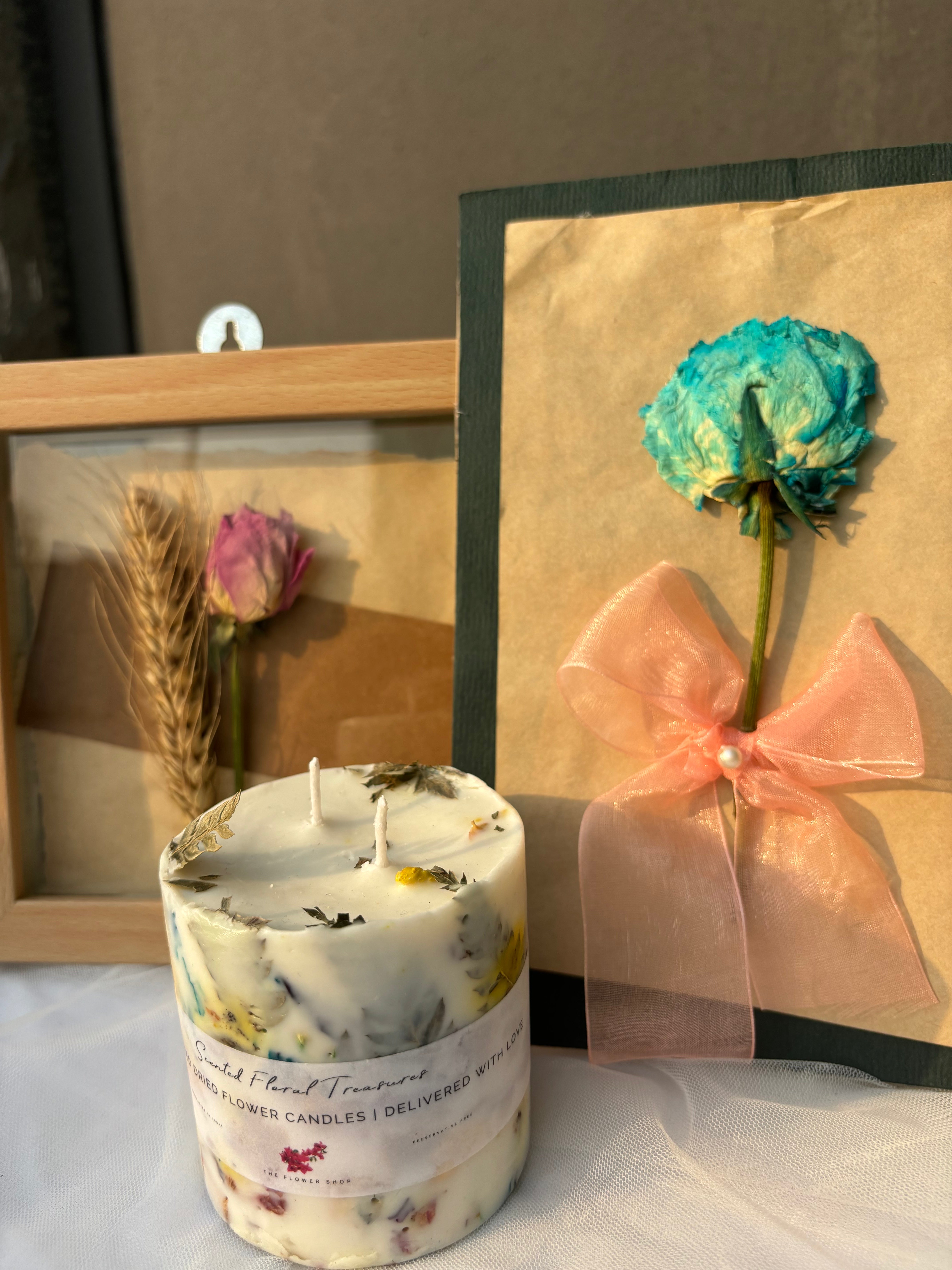 Floral Essence Trio: Pressed Flower Scented Candle, Postcard, & Frame Combo