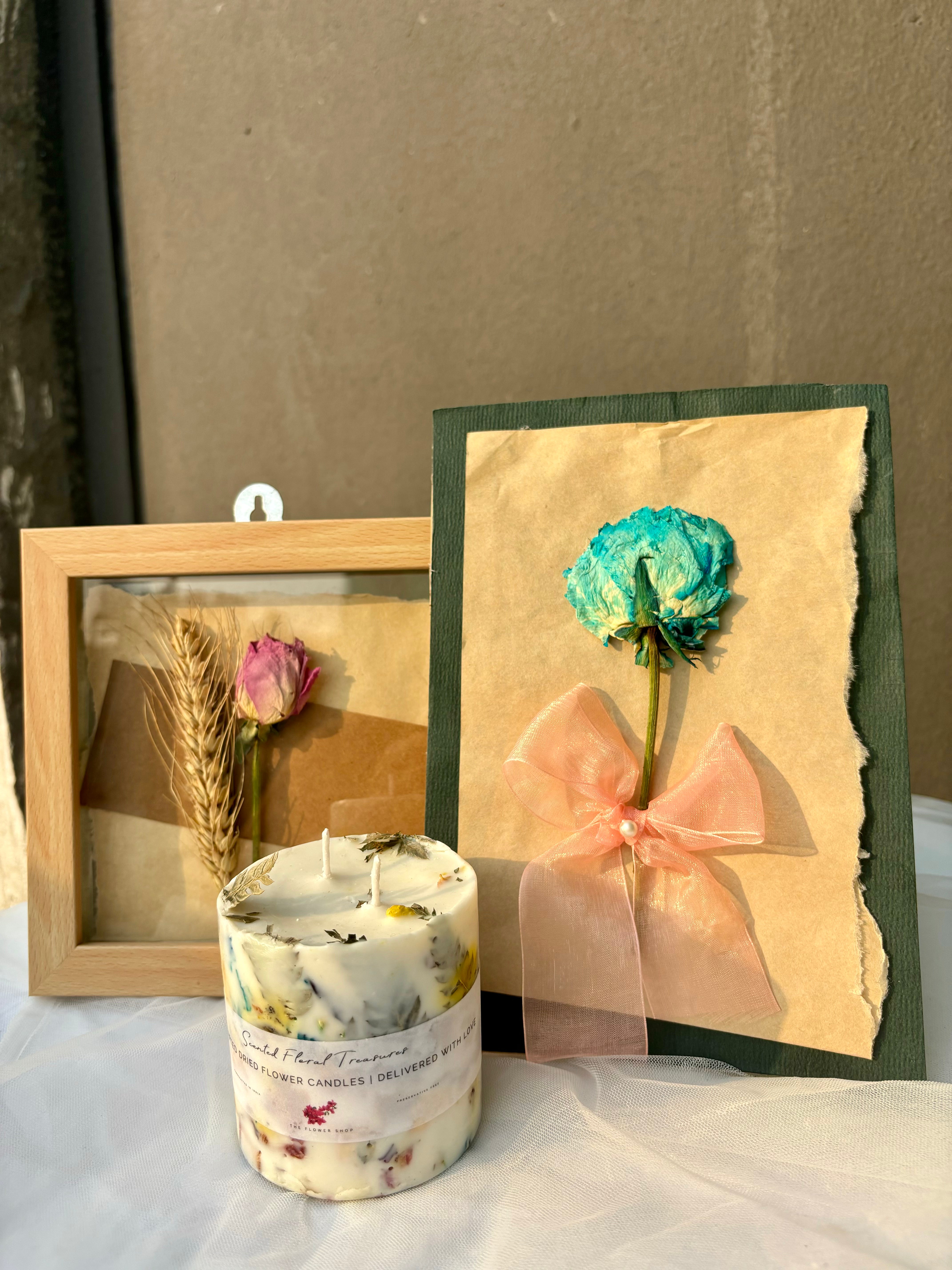 Floral Essence Trio: Pressed Flower Scented Candle, Postcard, & Frame Combo