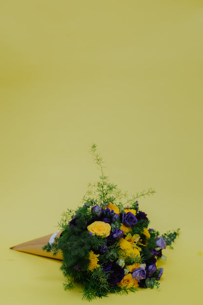Radiant Sunset: Yellow Flowers & Purple Eustoma Bouquet